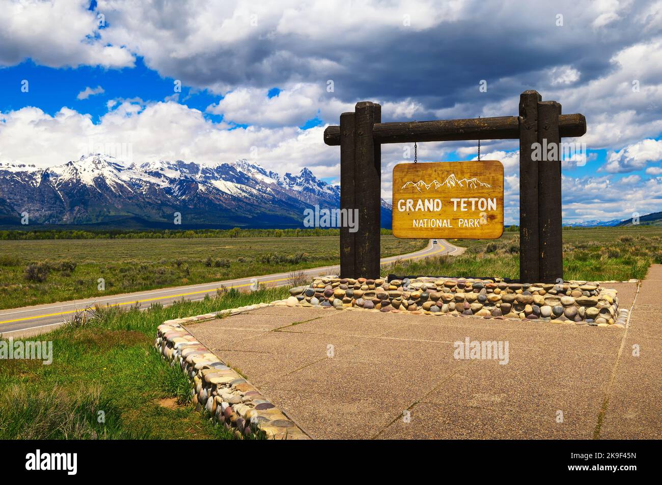 Cartello di benvenuto all'ingresso del Grand Teton National Park nel Wyoming Foto Stock
