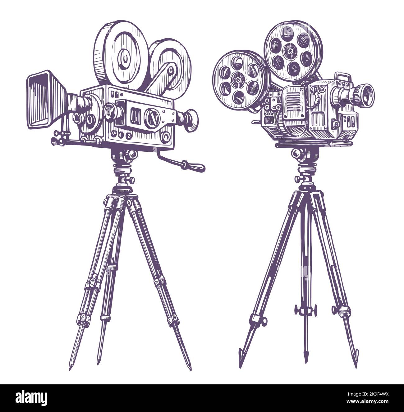 Videocamera vintage. TV, industria cinematografica, concetto di cinema. Illustrazione vettoriale dello schizzo del proiettore video retrò disegnato a mano Illustrazione Vettoriale