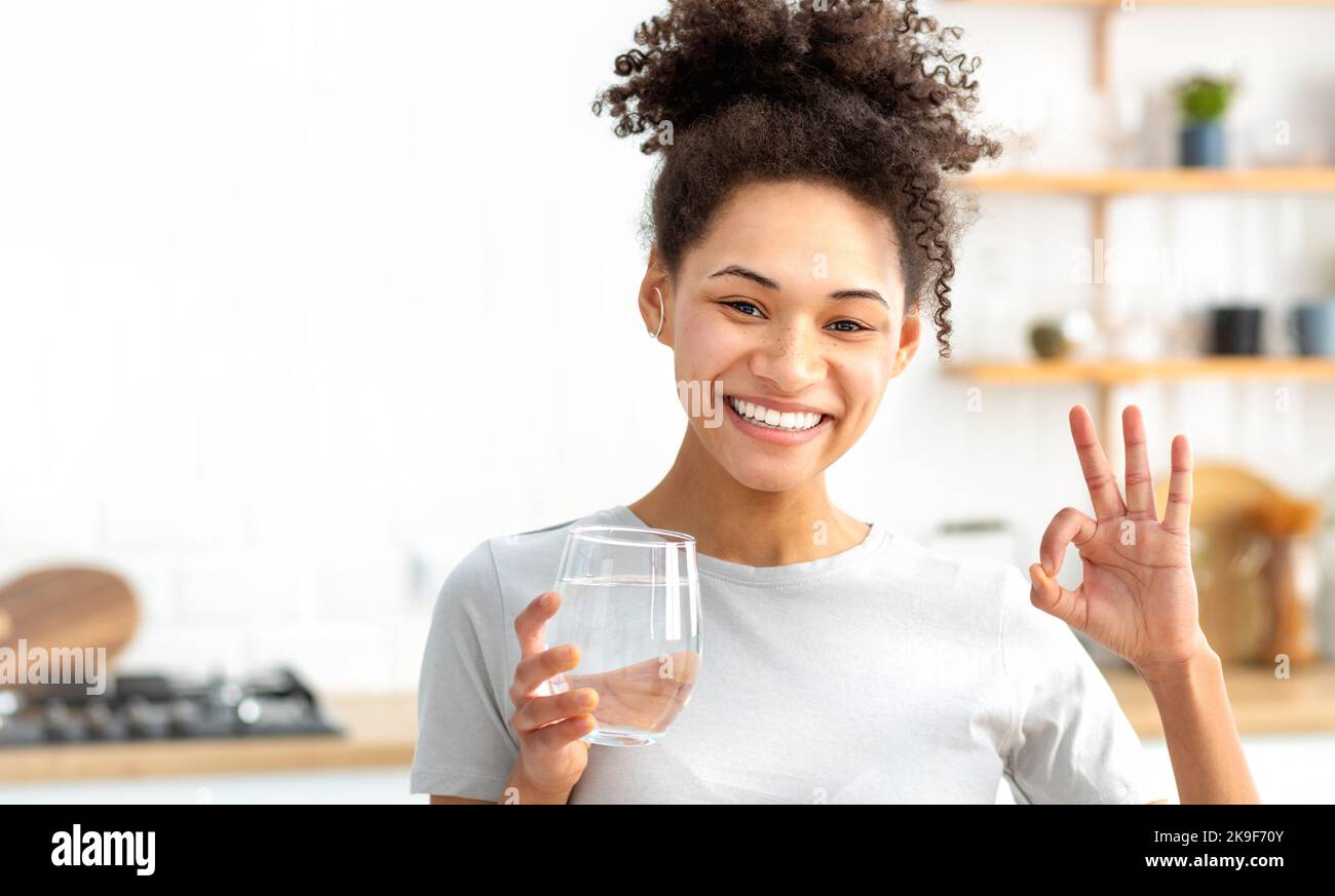 Stile di vita sano. Una giovane donna che sorregge un bicchiere di acqua pulita guarda la macchina fotografica, sorridendo Foto Stock