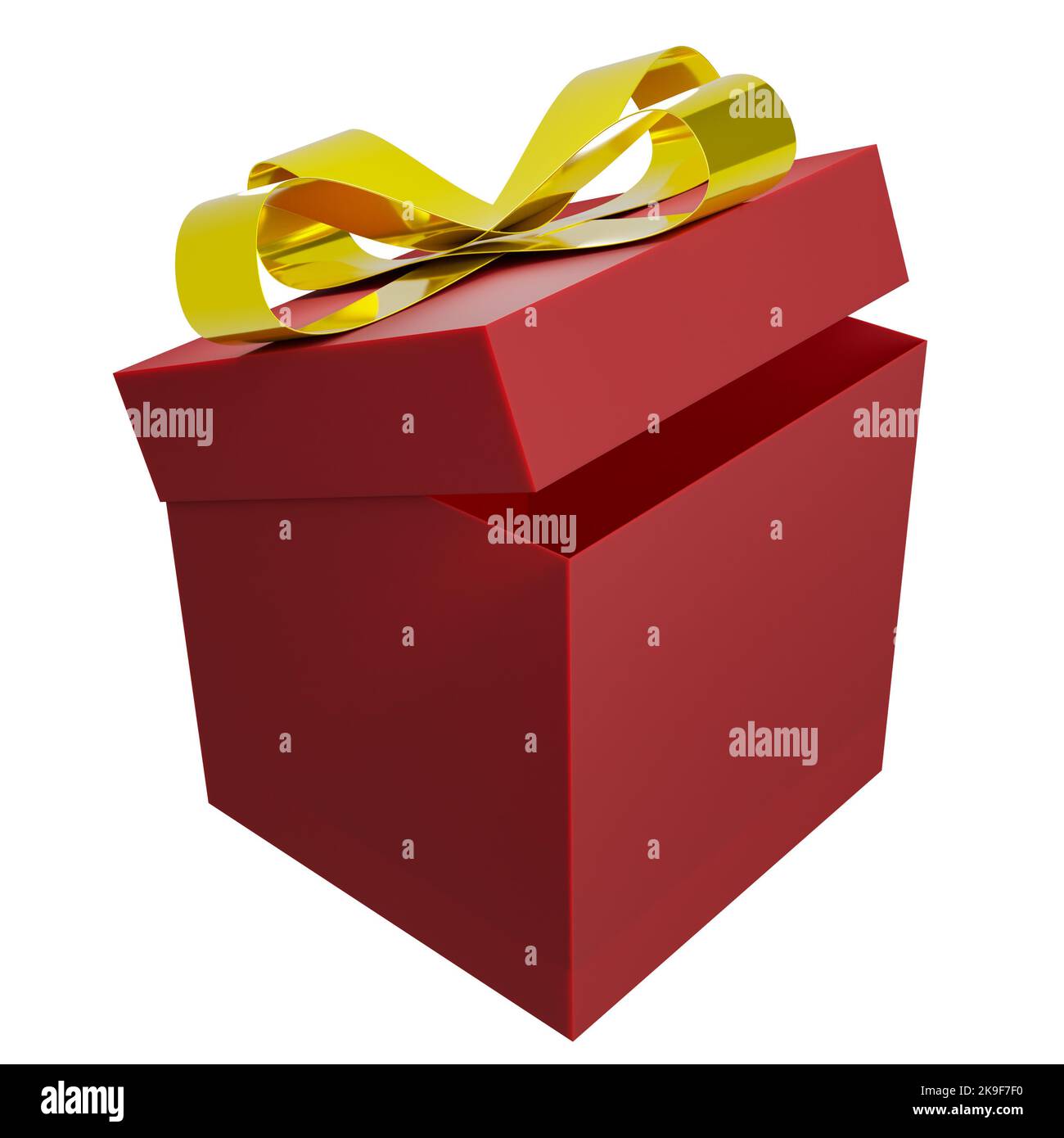 3d resa di una scatola regalo di nuovo anno rossa con nodo d'arco dorato e nastri. Vacanze invernali, natale relativa illustrazione di un regalo con spazio di testo Foto Stock