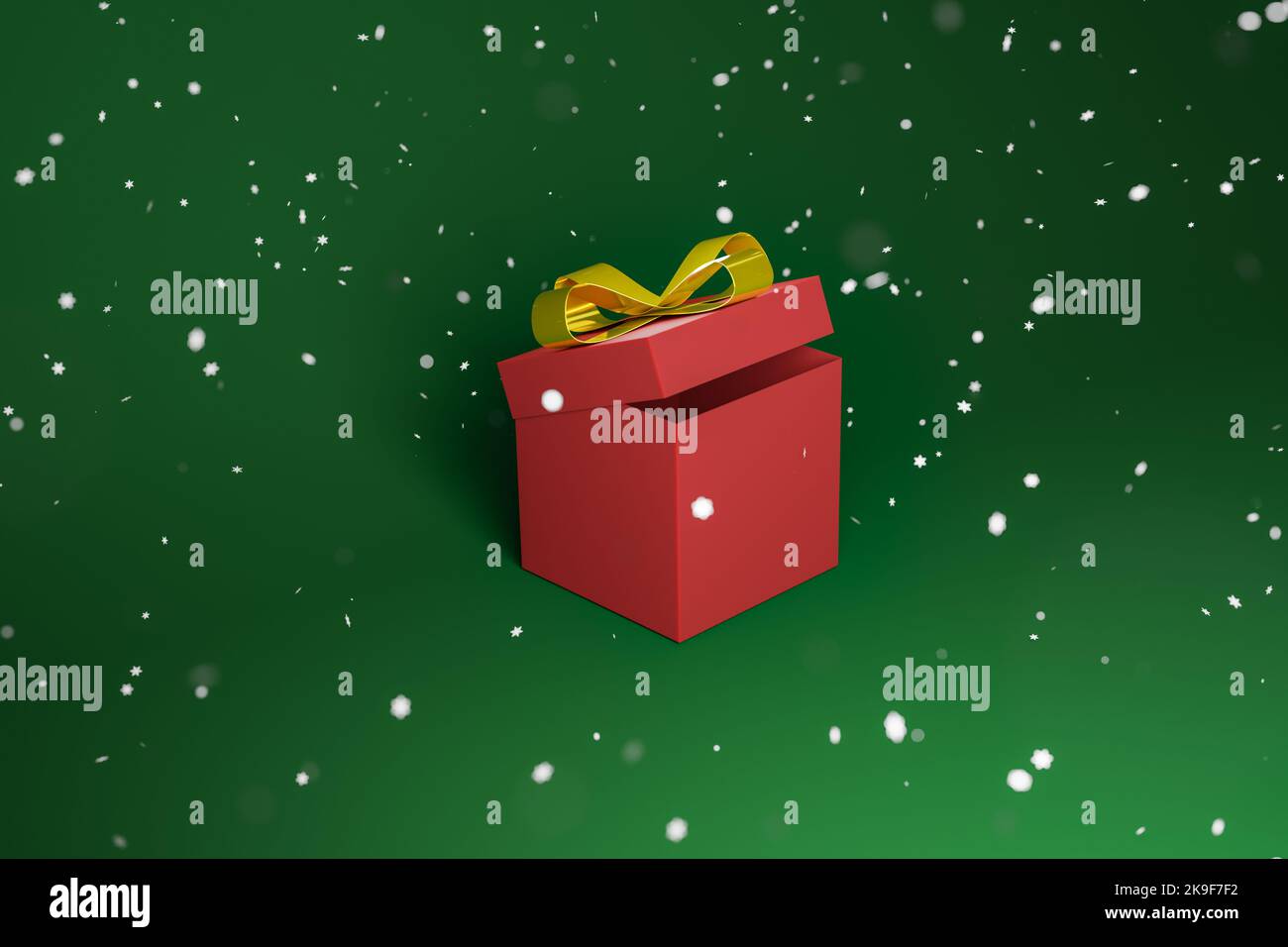 3d resa di una scatola regalo di nuovo anno rossa con nodo di prua e nastri. Vacanze invernali, natale relativa illustrazione di un regalo con spazio di testo, verde Foto Stock