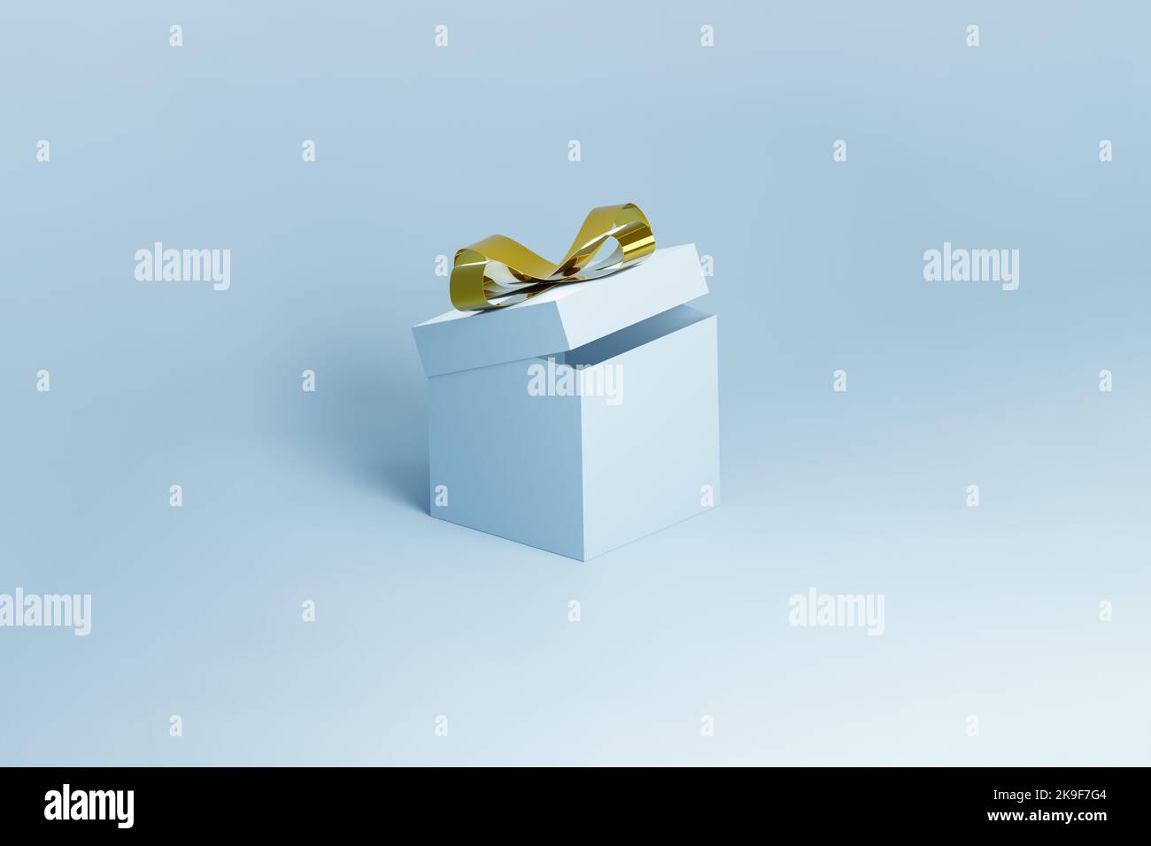 3d rendering di una scatola regalo blu aperta con nodo d'arco dorato. Vacanze invernali, natale relativa illustrazione di un regalo con spazio di testo, backgro blu Foto Stock