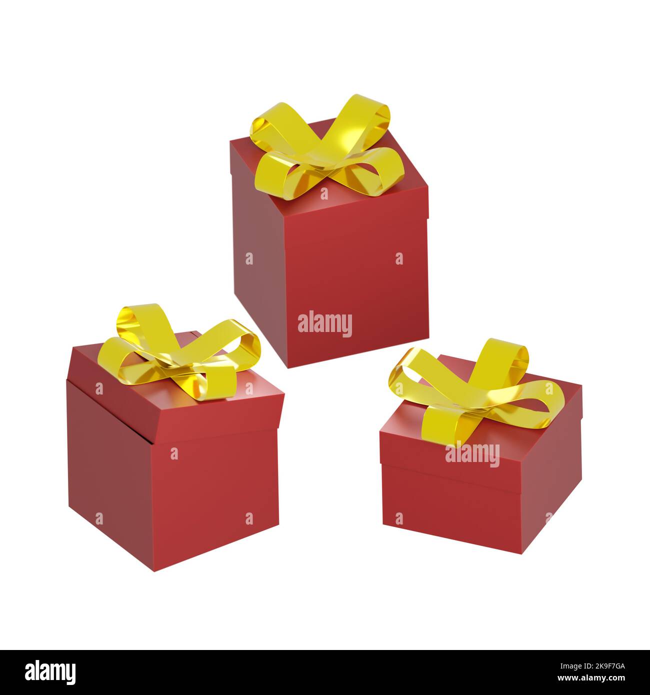 3d rendering di scatole regalo rosse con graziosi nodi d'arco dorati. Vacanze invernali, natale relativa illustrazione dei regali con spazio di testo, bianco isolato Foto Stock