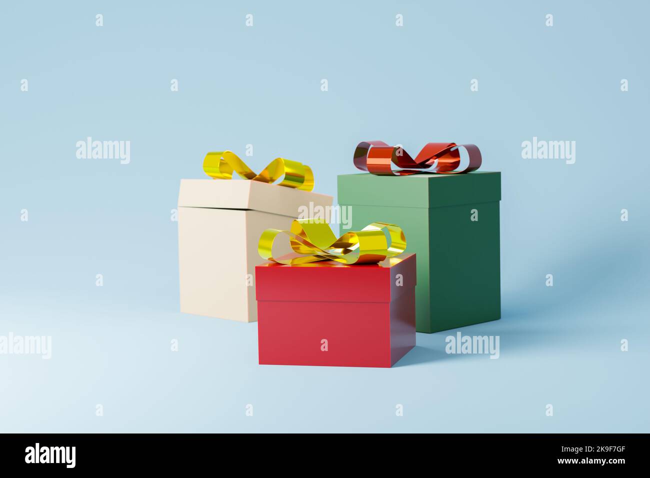 3d rendering di scatole regalo con nodo d'arco dorato. Vacanze invernali, illustrazione natalizia dei regali con spazio di testo, sfondo blu Foto Stock