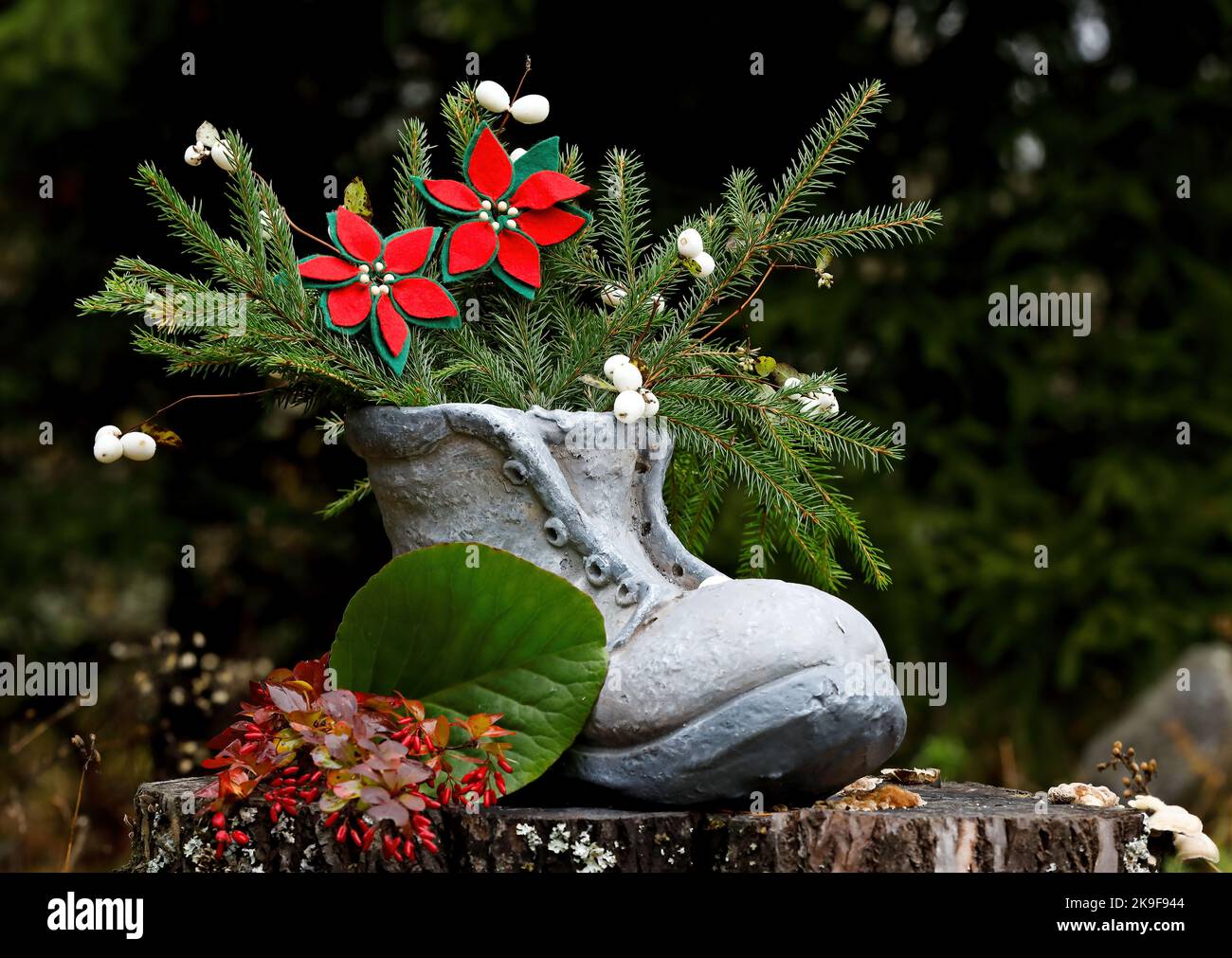 Una scarpa grigia con rami di abete e due splendidi fiori fatti a mano in feltro Foto Stock