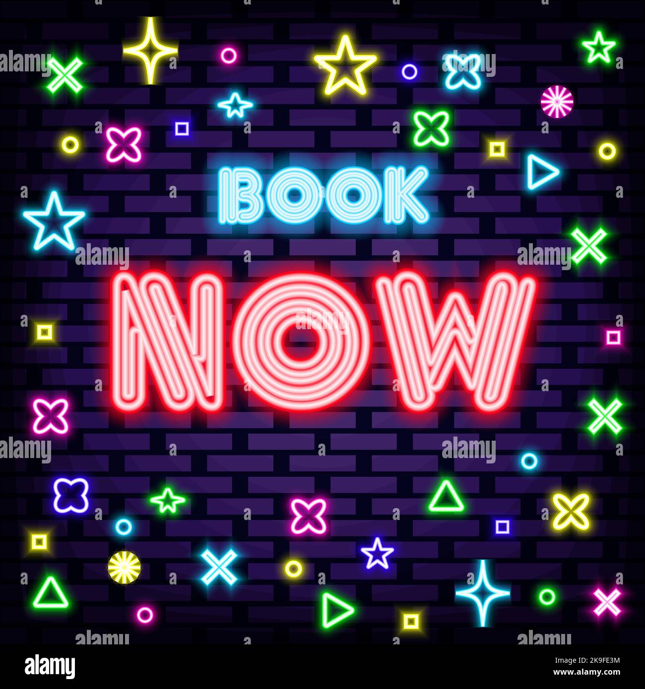Prenota ora Neon segnaletica. Cartello luminoso. Arte leggera Illustrazione Vettoriale