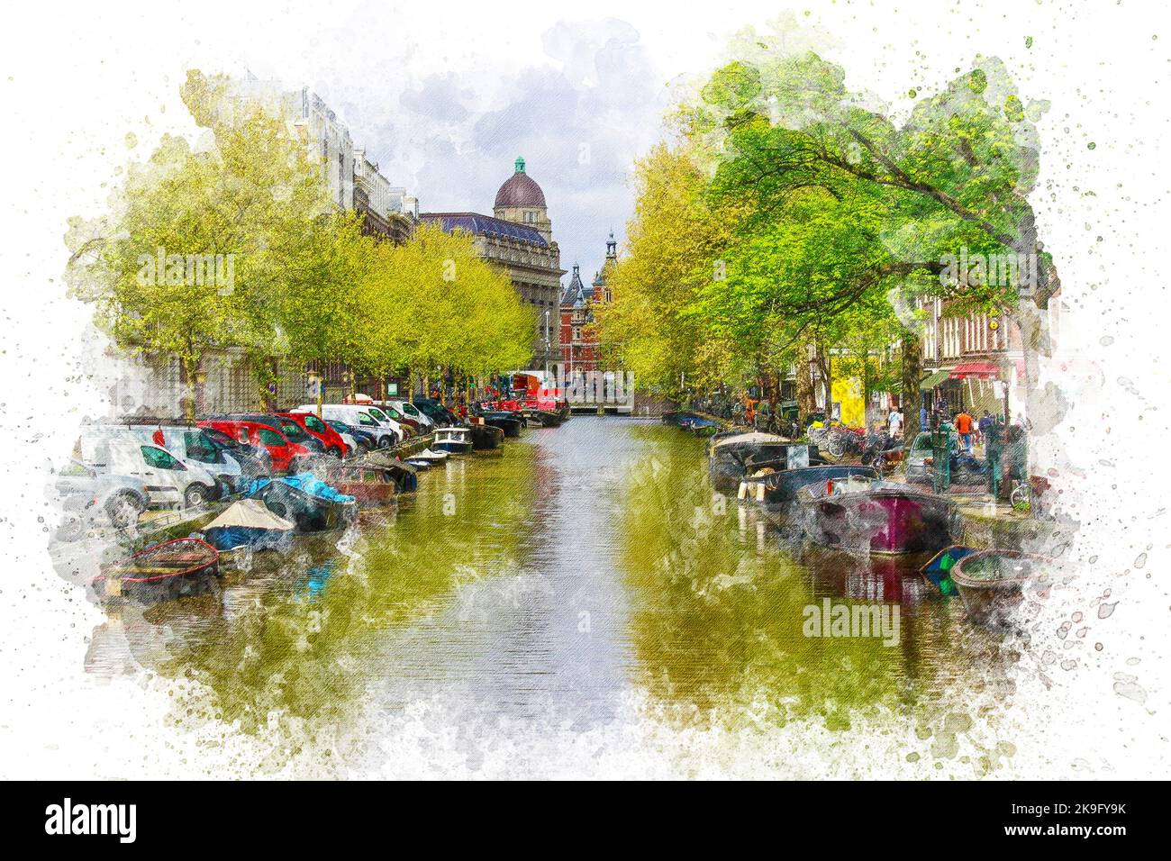 Pittura di acquerello di Amsterdam paesaggio. Amsterdam Paesi Bassi sfondo illustrazione acquerello. Foto Stock