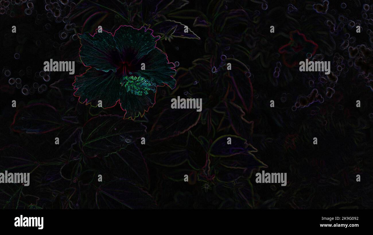 Al neon scintillante splendidi fiori rossi in un giardino fantastico Foto Stock