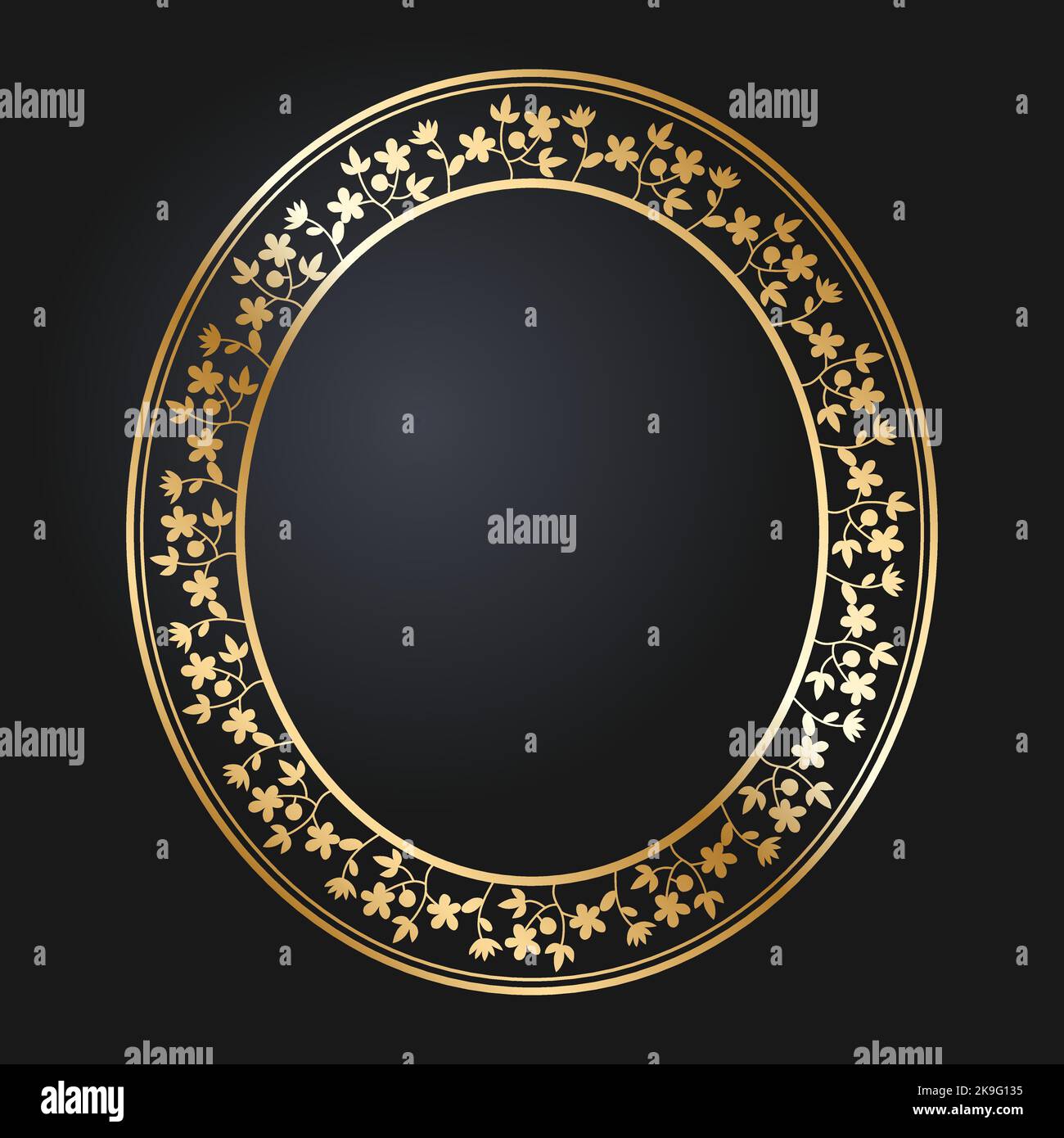 Bordo in oro floreale. Cornice ovale dorata con fiori selvatici e tulipani. Vettore di fotogrammi rotondi. Illustrazione Vettoriale