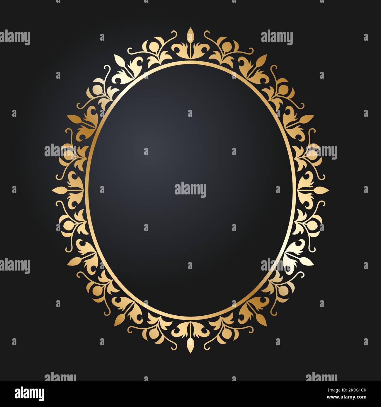 Bordo in oro floreale. Cornice ovale dorata con fiori selvatici e tulipani. Vettore di fotogrammi rotondi. Illustrazione Vettoriale