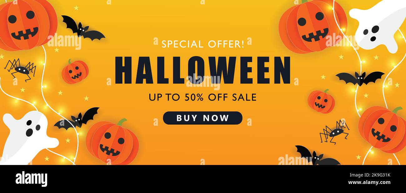 Vettore banner di Halloween. Sfondo banner di Halloween felice con lanterne Jack o, pipistrelli e caramelle in stile taglio di carta. Sfondo arancione. Illustrazione Vettoriale