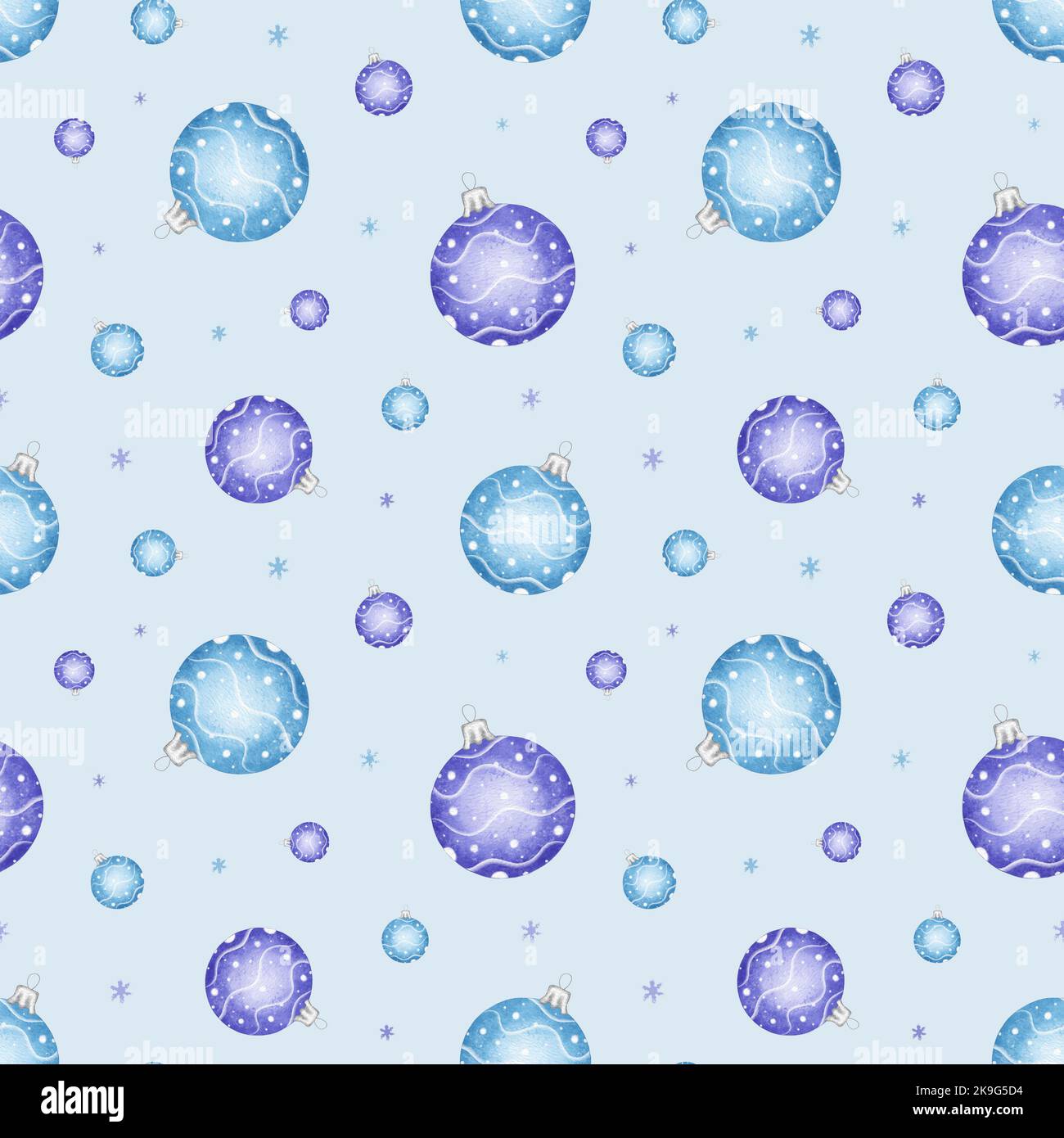Acquerello senza cuciture modello con decorazioni natalizie. Palline blu e viola. Giocattoli Balls per l'albero di Natale. Buon Natale e Felice Anno Nuovo. Foto Stock