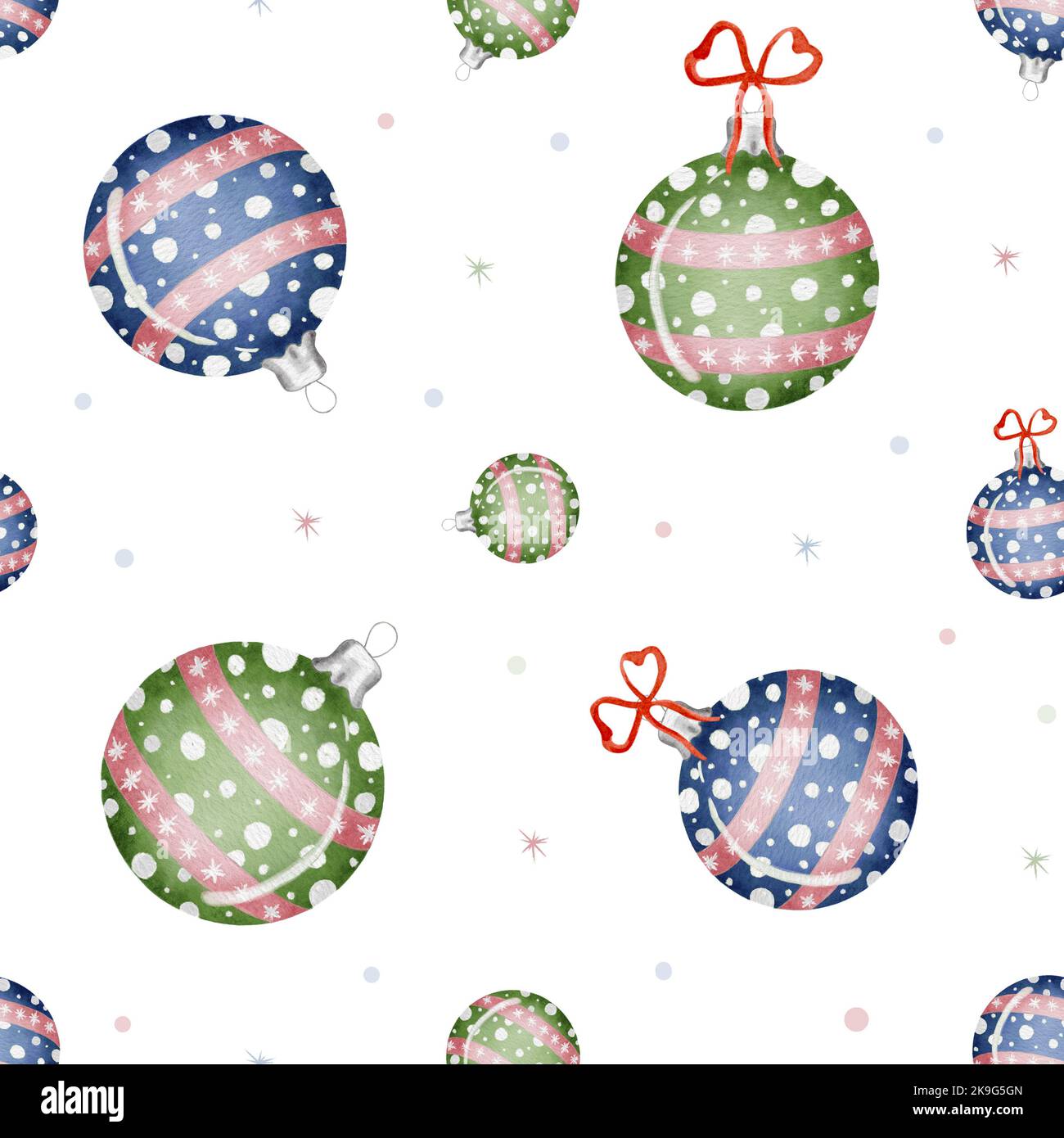Acquerello senza cuciture modello con decorazioni natalizie. Palline blu e verdi. Giocattoli Balls per l'albero di Natale. Buon Natale e Felice Anno Nuovo. Foto Stock