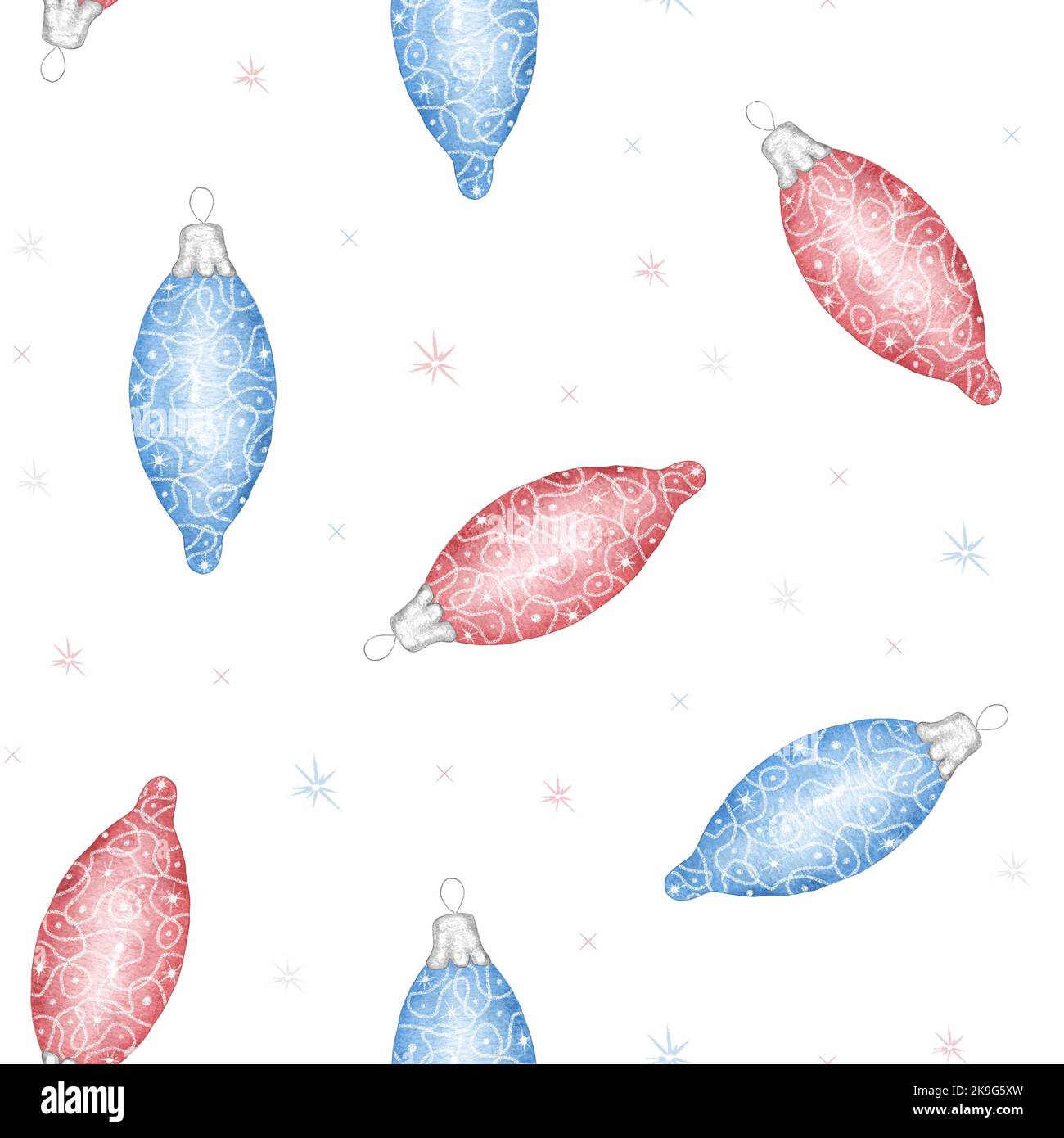 Acquerello senza cuciture modello con decorazioni natalizie. Giocattoli Icicle blu e rossi. Giocattoli Balls per l'albero di Natale. Buon Natale. Foto Stock
