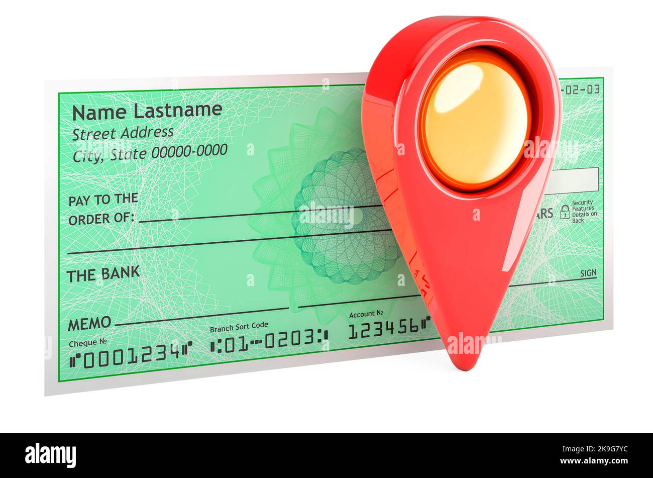 Assegno bancario con puntatore mappa, rendering 3D isolato su sfondo bianco Foto Stock
