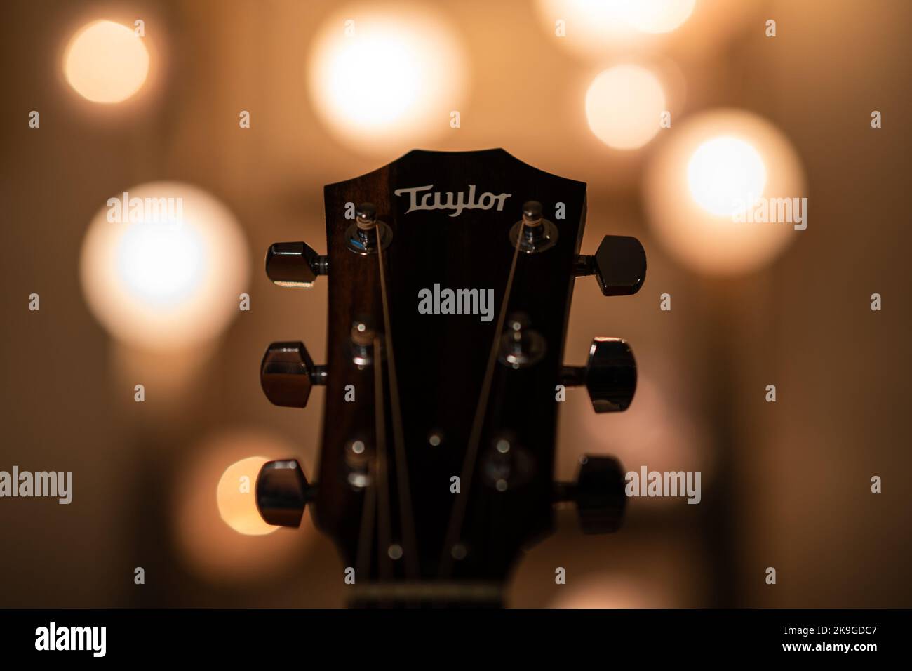 Il primo piano di un headstock Taylor Guitar con illuminazione ambientale Foto Stock