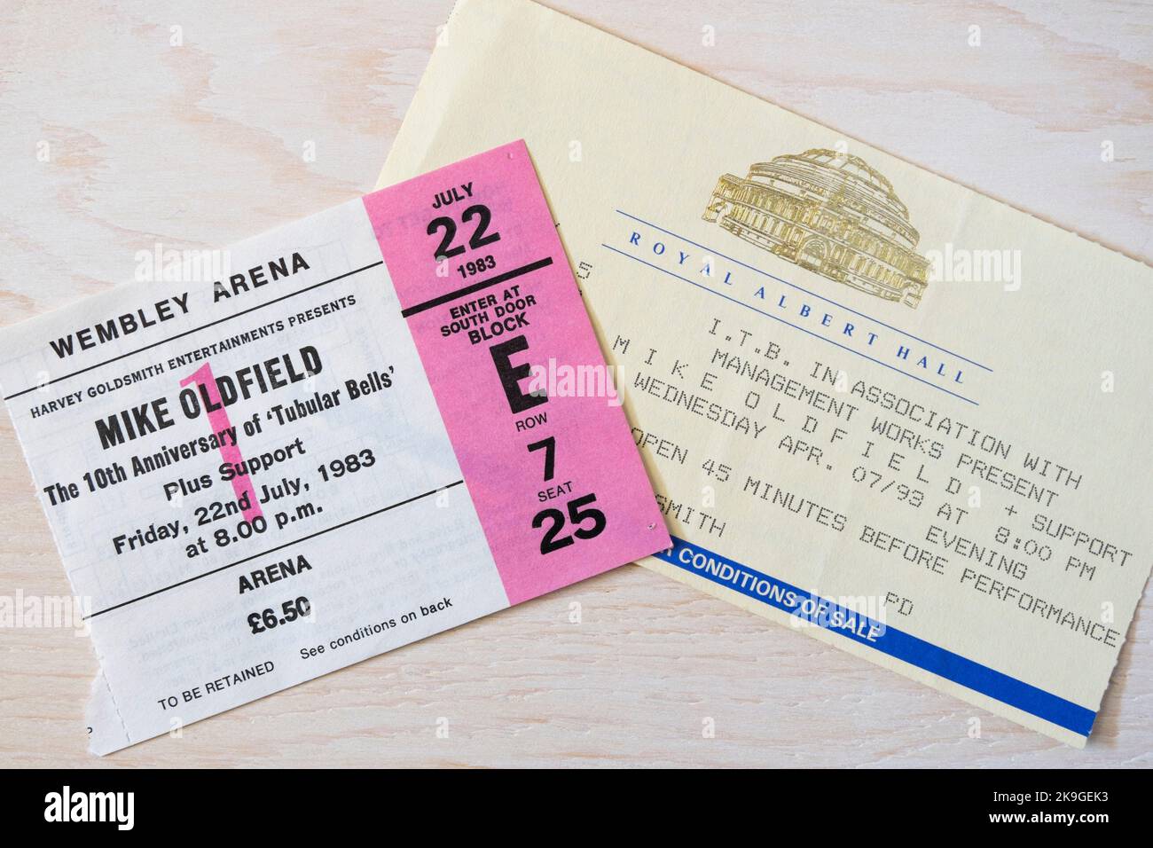 Biglietti per i concerti di Mike Oldfield per il 10th° anniversario di tubular Bells nel 1983 e il 20th° nel 1993 presso la Royal albert Hall & Wembley Arena, Londra, U. Foto Stock