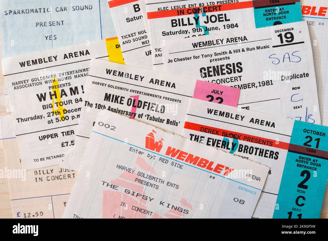 Biglietti per i concerti Everly Brothers, Wham, Mike Oldfield, The Gipsy Kings & Yes negli anni '1980s alla Wembley Arena, Londra, Regno Unito Foto Stock