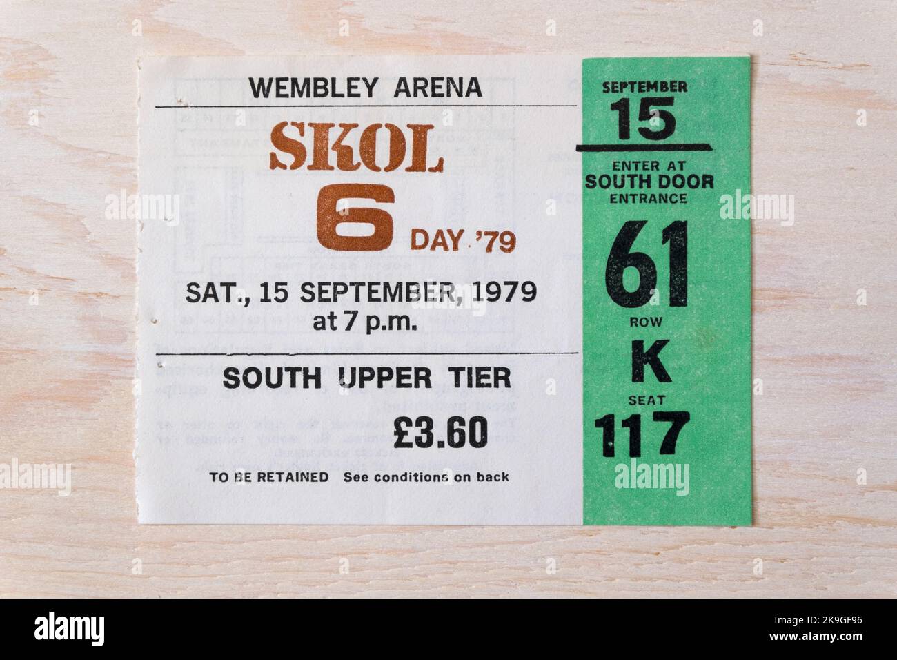 Stub di biglietti per la gara ciclistica di Skol 6 Day, un evento ciclistico al coperto con diversi tipi di gare durante tutta la settimana negli anni '1970s e '1980s a Wem Foto Stock