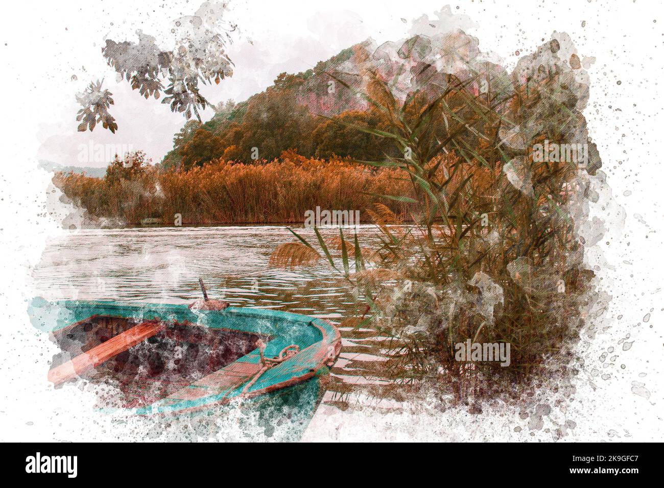Acquerello di barche in legno e il lago con canne durante la stagione autunnale all'ora d'oro. Autunno sfondo. Foto Stock