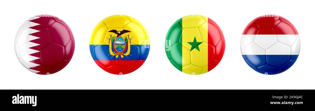 Coppa del mondo 2022 Qatar GRUPPO A squadre bandiere palla. Isolato su sfondo bianco. 3d illustrazione . Foto Stock