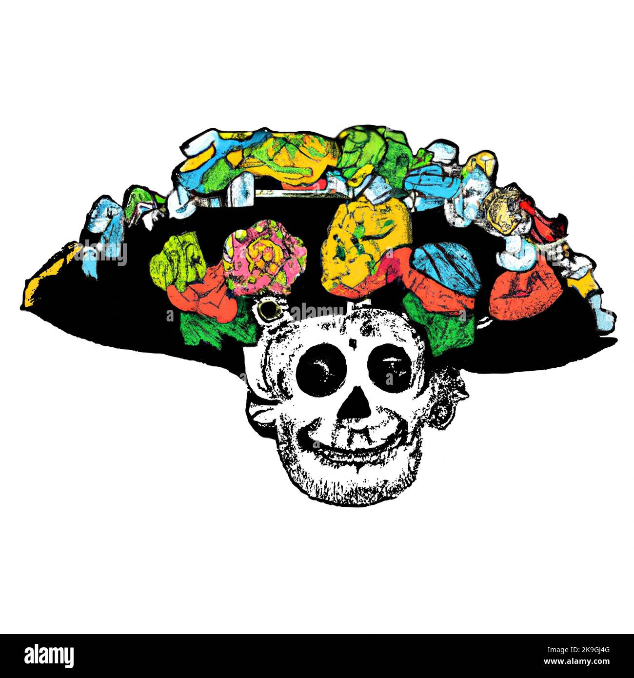 Colore con luminosa fiesta messicana. Cranio pirata con un fedora, cappello largo, coperto di fiori luminosi. Disegno in modalità Fiesta. Pirata di Halloween Illustrazione Vettoriale