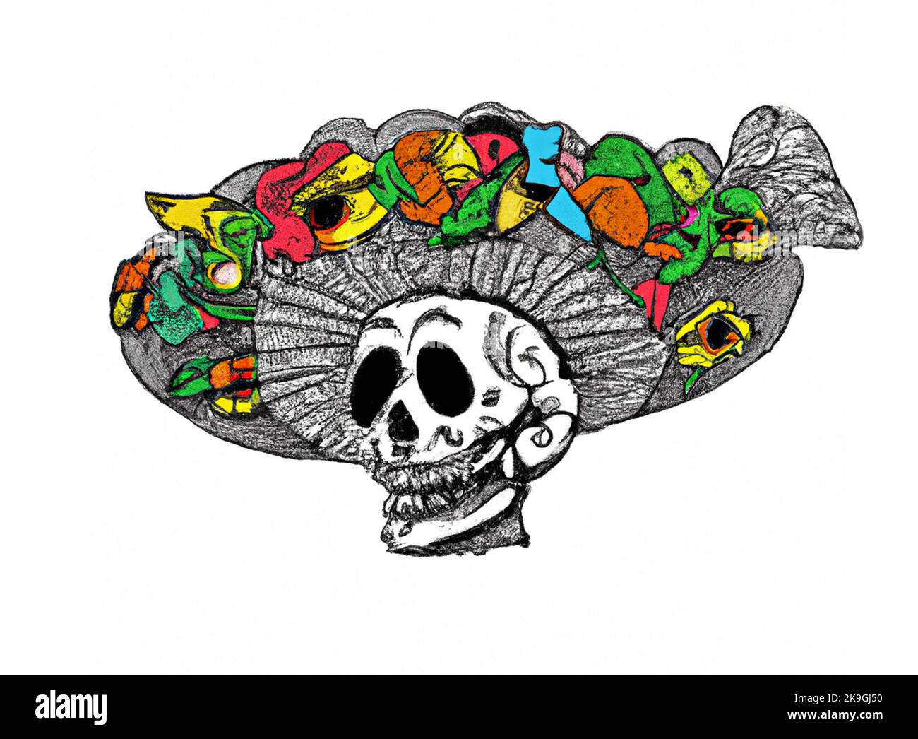Illustrazione classica del giorno morto. Colore con vivaci colorazioni messicane fiesta. Cranio con un fedora, cappello largo, coperto di fiori. Fiesta mod Illustrazione Vettoriale