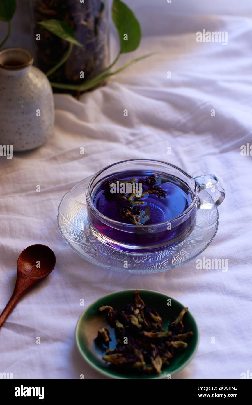 Una tazza di tè antiossidante ricco di erbe blu farfalla piselli per un pomeriggio rilassante autunno Foto Stock