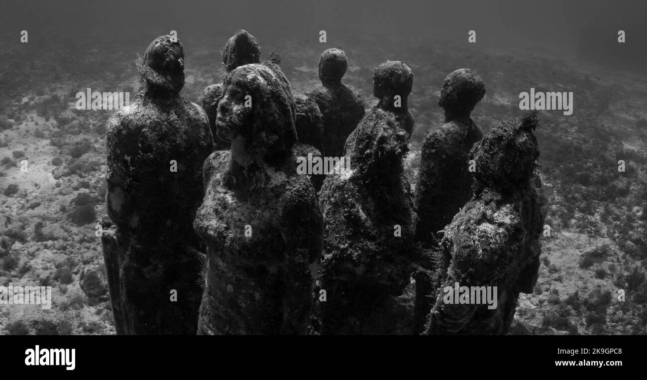 La scala di grigi di misteriose sculture mossy sotto l'acqua Foto Stock