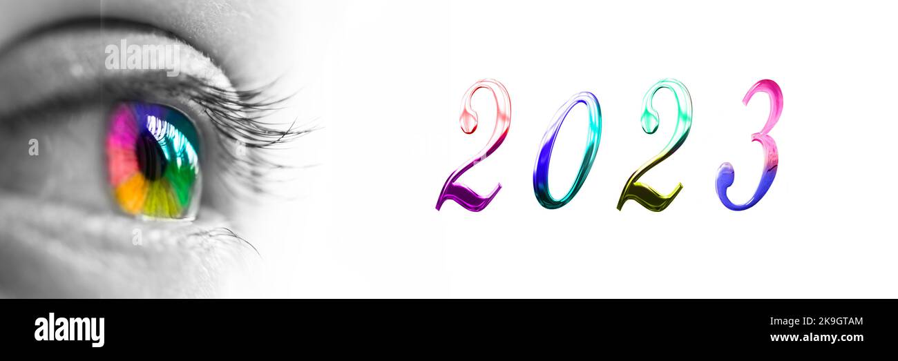 2023 e coloratissimo occhio arcobaleno intestazione, nuovo anno biglietto di auguri banner web Foto Stock