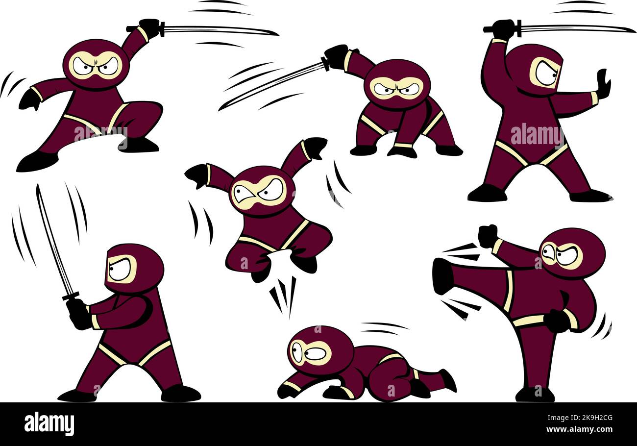 Divertente cartone animato litle ninja set con spada katana, diverse pose di combattimento. Vettore su sfondo trasparente Illustrazione Vettoriale