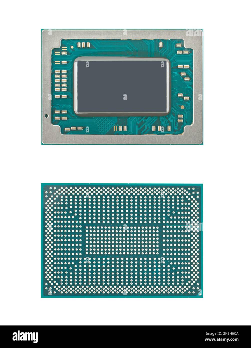 microchip, processore per laptop, vista da due lati, su sfondo nero isolato Foto Stock