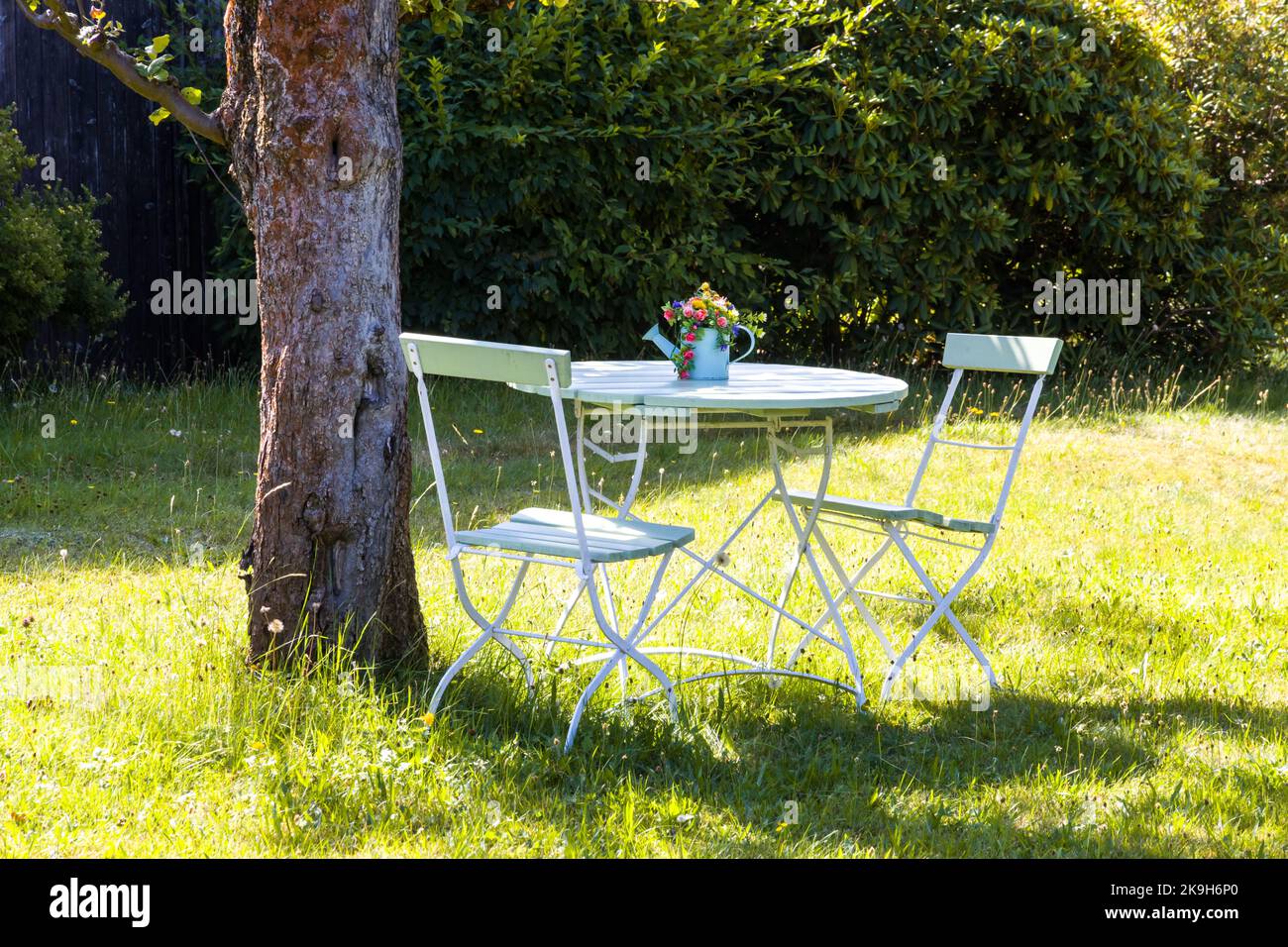 Tavolo e due sedie in un giardino soleggiato Foto Stock