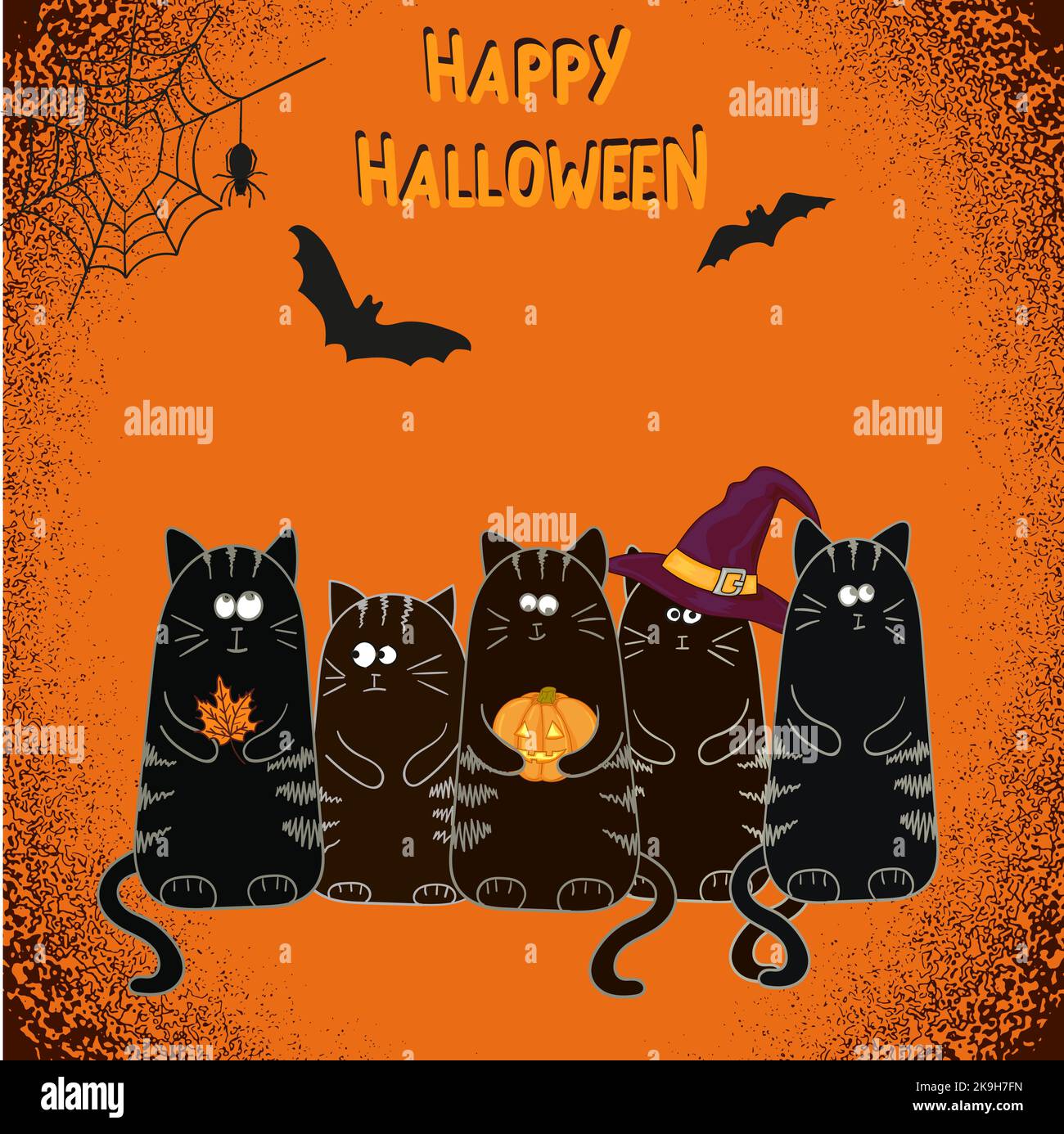 Felice Halloween biglietto di auguri design con carino cartone animato gatti neri. Illustrazione delle feste vettoriali nei colori nero e arancione Illustrazione Vettoriale