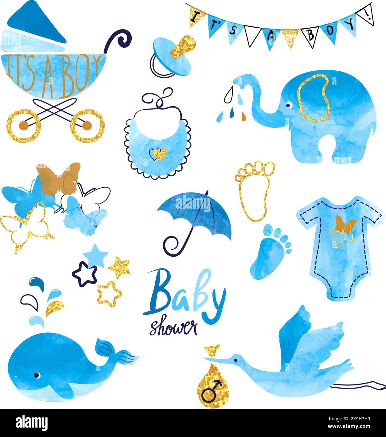 Acquerello Baby Shower Set bambino. Raccolta di elementi di disegno vettoriale Illustrazione Vettoriale