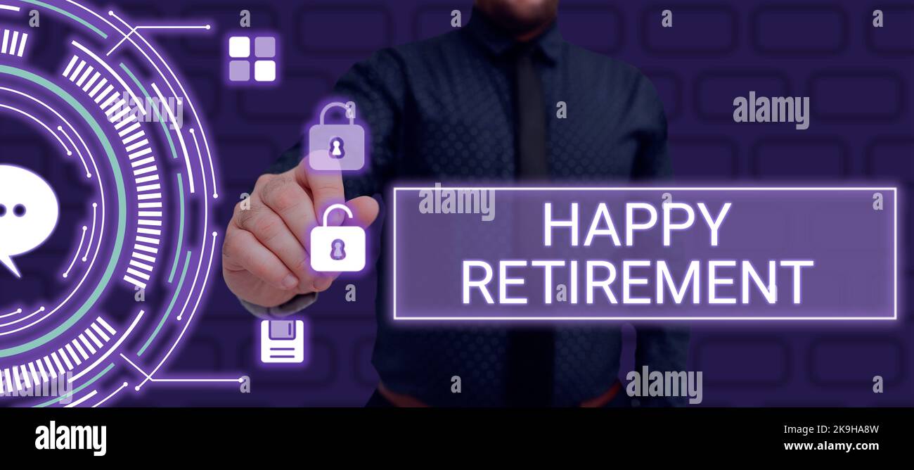 Cartello Con La Scritta Happy Retirement. Concetto Significa Avere Un Controllo Mensile Affidabile Della Pensione Vivere Lo Smartphone Di Lavoro Con Le Chiamate Vocali E Video 2gfg823