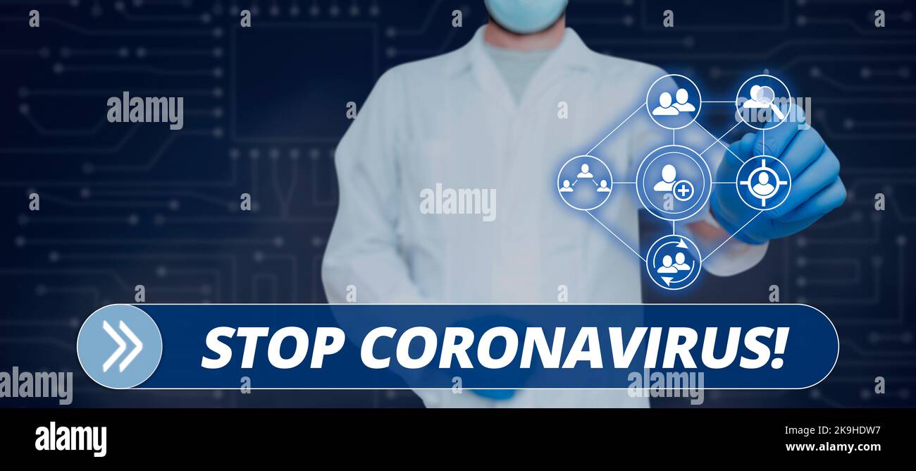 Didascalia concettuale Stop Coronavirus. Parola per la difesa contro la pratica di aborto ProLife movimento imprenditore in tuta indicando con uno Foto Stock