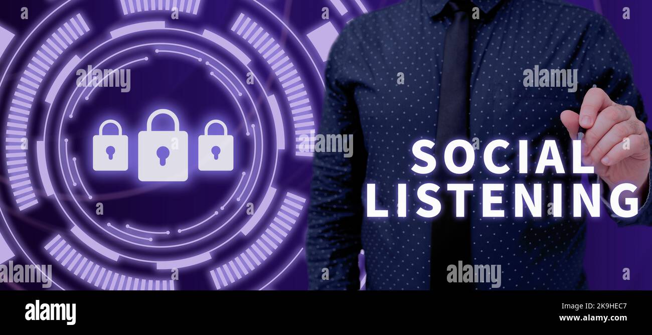 Didascalia concettuale ascolto sociale. Parola per strumento giuridico che disciplina la ridistribuzione del software Foto Stock