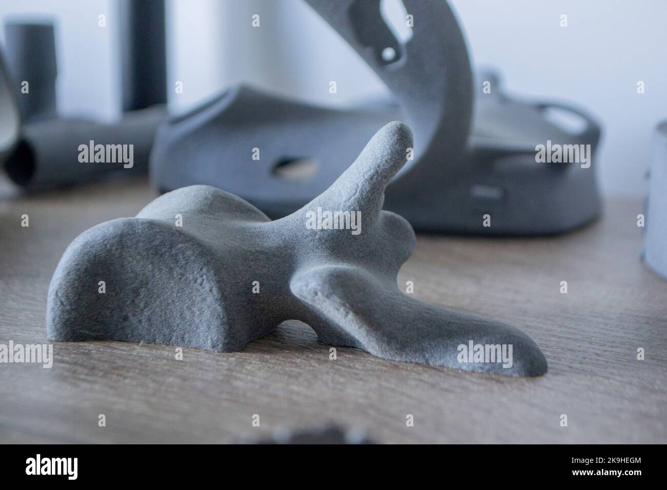 Prototipo di parte di osso umano stampato su primo piano di una stampante in polvere 3D. Figura stampata su una stampante 3D in polvere di poliammide. MJF Multi Jet Fusion. Nuova tecnologia additiva moderna e progressiva per stampante 3D Foto Stock