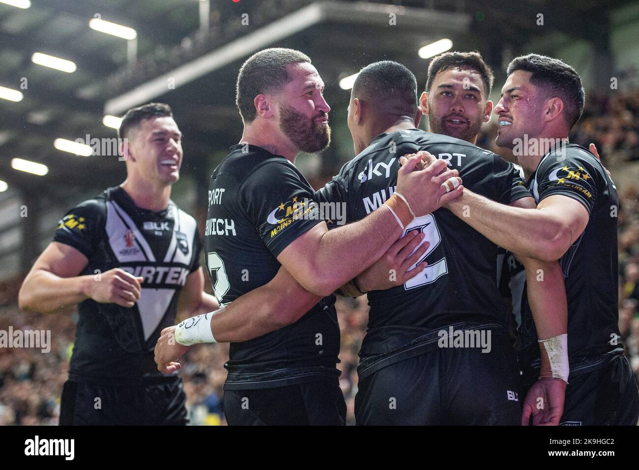 Leeds, Regno Unito. 28th ottobre 2022 - Coppa del mondo di Rugby Nuova Zelanda vs Irlanda all'Headingley Stadium di Leeds, Regno Unito - Ronaldo Mulitalo di Nuova Zelanda festeggia una prova. Credit: Dean Williams/Alamy Live News Foto Stock