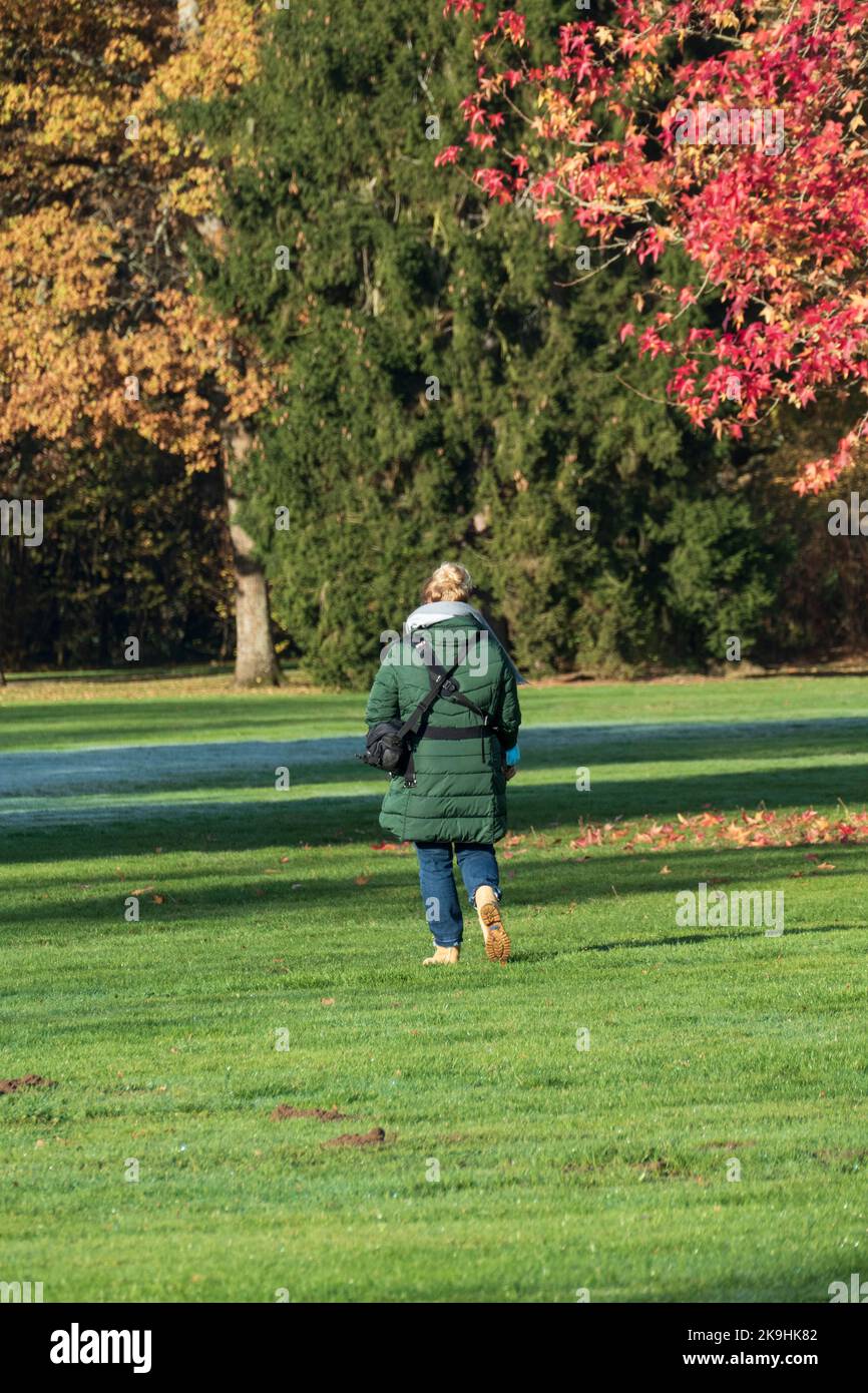 Frau mit dicker Jacke läuft in einem Park spazieren Foto Stock