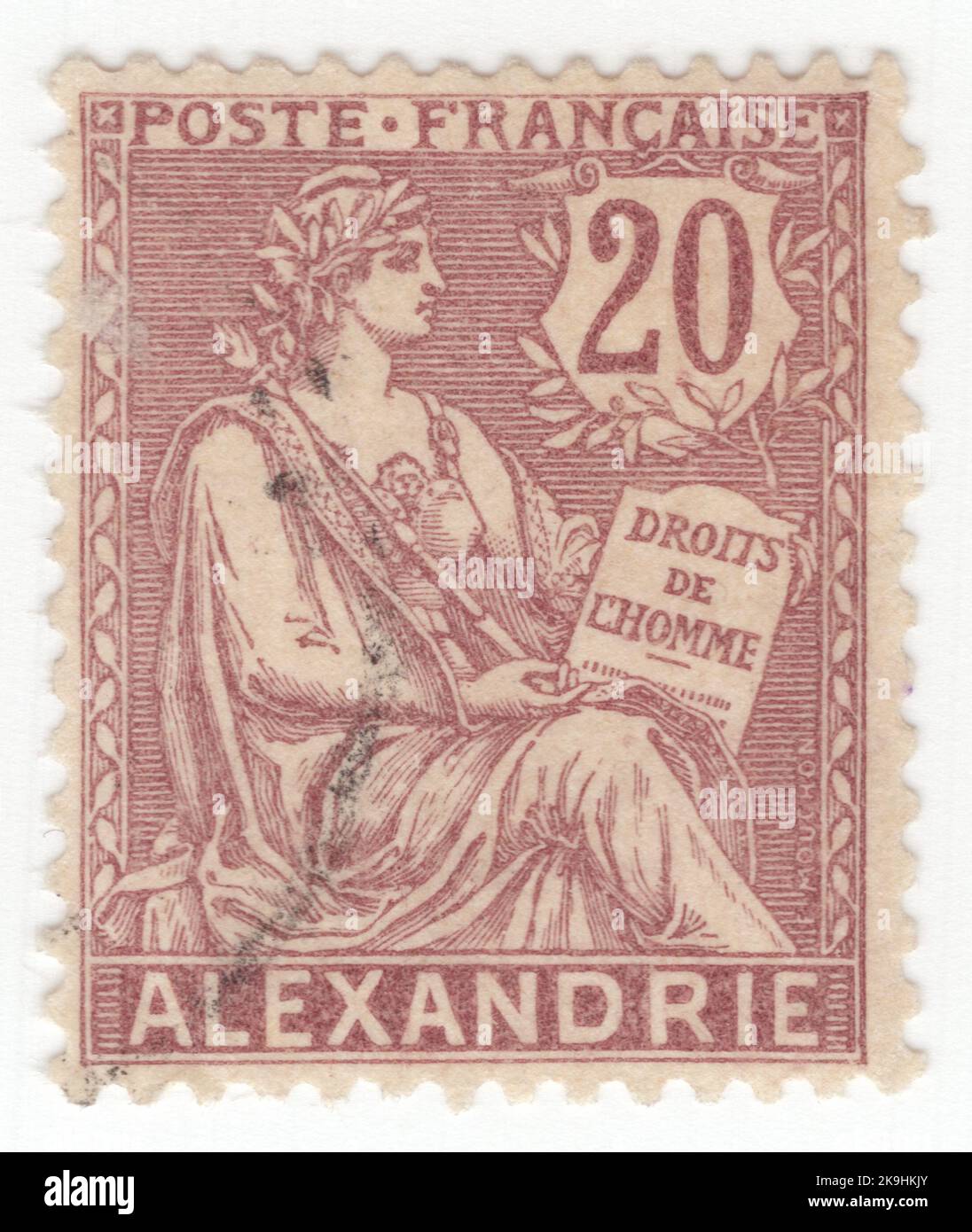 ALESSANDRIA - 1903: Francobollo marrone-violetto da 20 centesimi raffigurante l’allegoria “i diritti dell’uomo”. Edizione standard 'Mouchon', disegnata da Louis-Eugène Mouchon. Pittore francese, artista grafico, medaglia, incisore e scultore Foto Stock