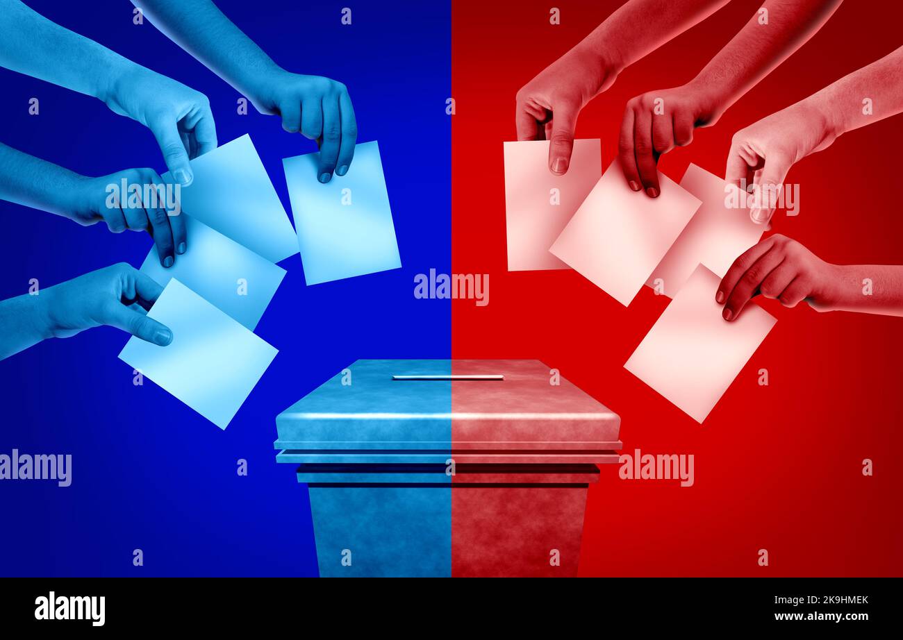 Gli elettori divisi con due gruppi politici americani e la guerra culturale degli Stati Uniti tra la società conservatrice e le idee liberali come dibattito elettorale. Foto Stock