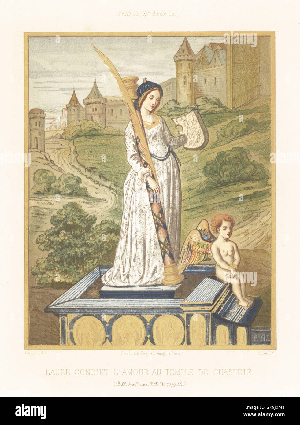 Laura porta un Cupido disarmato su un carro al Tempio della castità. Laura detiene uno scudo, un palmo di vittoria e colonna trionfale. Laure Conduit l'amour au Temple de Chastete. In costumi francesi della fine del 15th ° secolo. Francia, XVe siecle (fin). Tratto da un manoscritto illustrato dei Trionfi di Petrarca, Les Triomphes, anc. F.F MS 7079 R (Folio 102r, Francais 594), 1500, Bibliotheque Imperiale. Chromolithograph di Giare dopo un'illustrazione di Claudius Joseph Ciappori da Les Arts Somptuaires di Charles Louandre, The Sumputary Arts, Hangard-Mauge, Parigi, 1858. Foto Stock