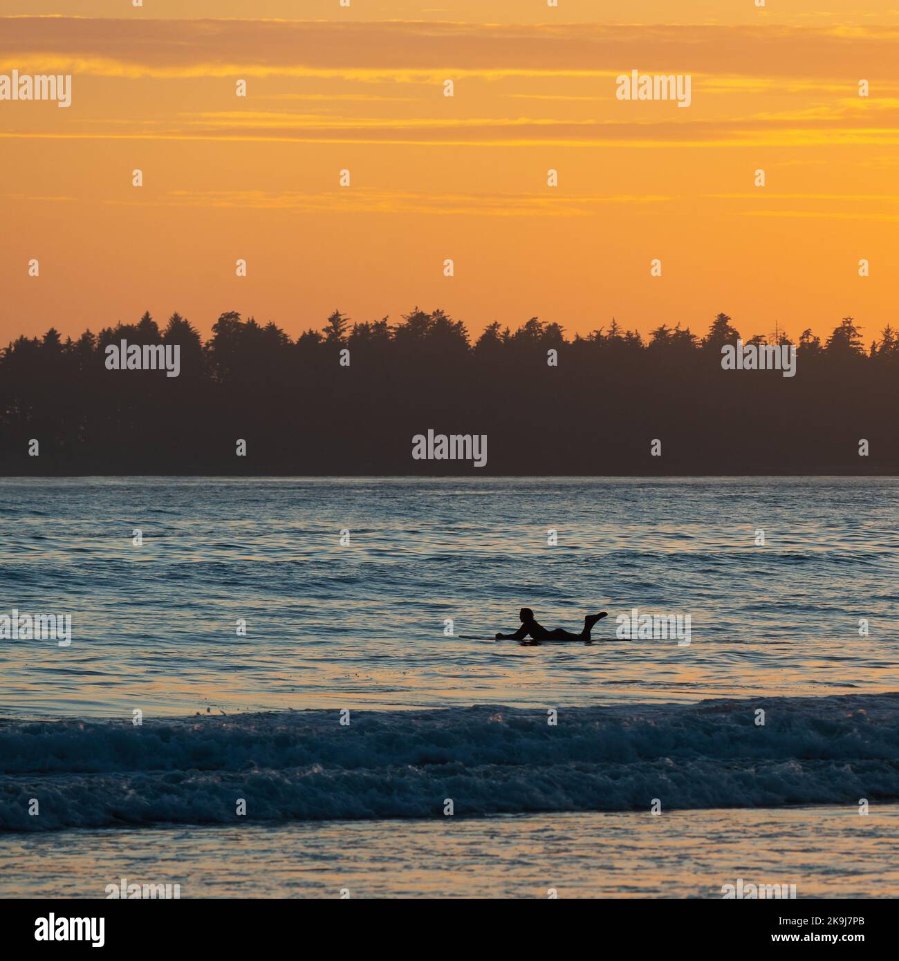 Silhouette da surfista nell'Oceano Pacifico al tramonto, Tofino, Vancouver Island, Canada. Foto Stock