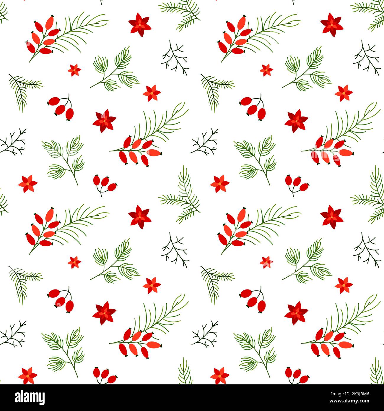 Botanical natale modello caldo ombra bacche ramo piatto. Yew bacca pino ramo rosehip poinsettia rosso fiore stagioni seamless tradizionale pianta disegno stampa tessile interno vacanza regalo imballaggio Illustrazione Vettoriale