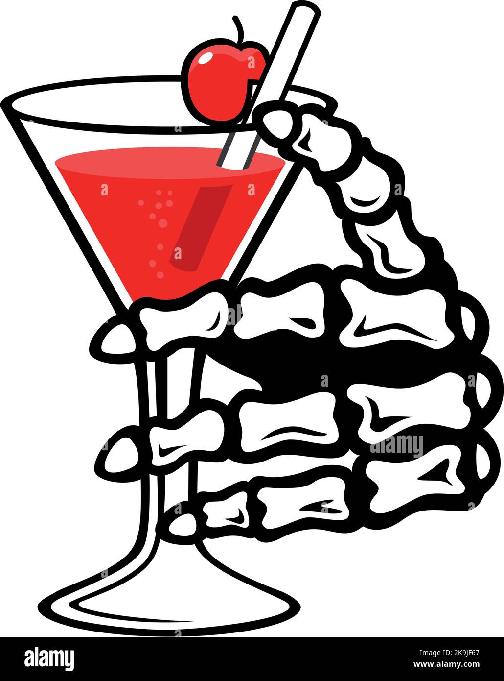 Mano di scheletro che tiene un bicchiere di cocktail rosso Illustrazione Vettoriale