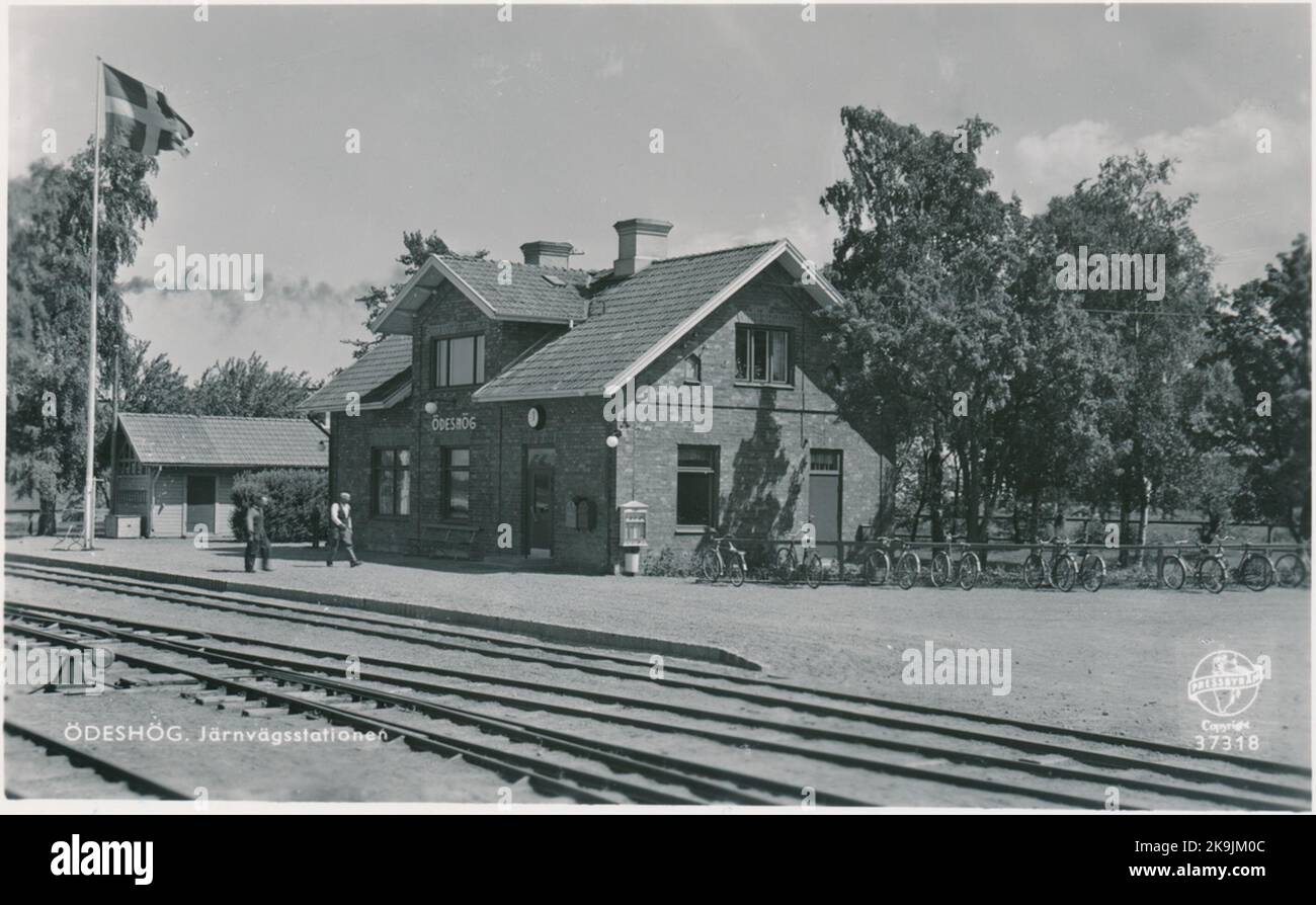 Stazione di Ödeshög. Ferrovia Fågelsta-Vadstena-Lödeshög, Fvej. È stato costruito nel 1887 e aperto nel 1888. Girata verso la ferrovia di Östergötland centrale, possibile nel 1919. Bangården è stato ampliato nel 1945 con una pista rotonda. Ri-ricostruì alcuni locali nel 1946/47 e la rivista fu ricostruita nel 1947. Tornò alla state Railways, SJ 1950. WFJ Lok 2 "Gustav Wasa". Foto Stock