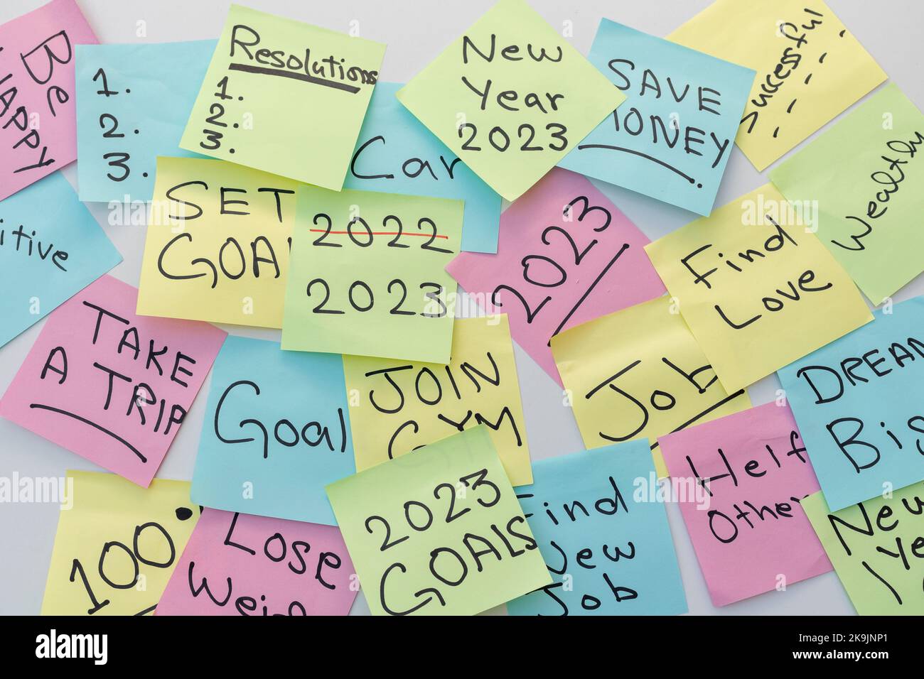Gol e risoluzioni del nuovo anno 2023 scritte su note colorate Foto Stock