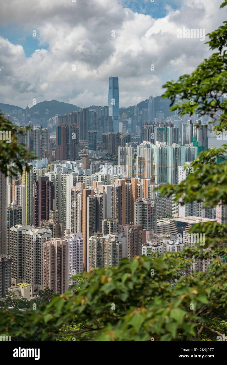 L'ICC, l'edificio più alto di Hong Kong, si erge sopra l'alto sviluppo ad alta densità di Kowloon, visto dalla Piper's Hill, 2017 Foto Stock